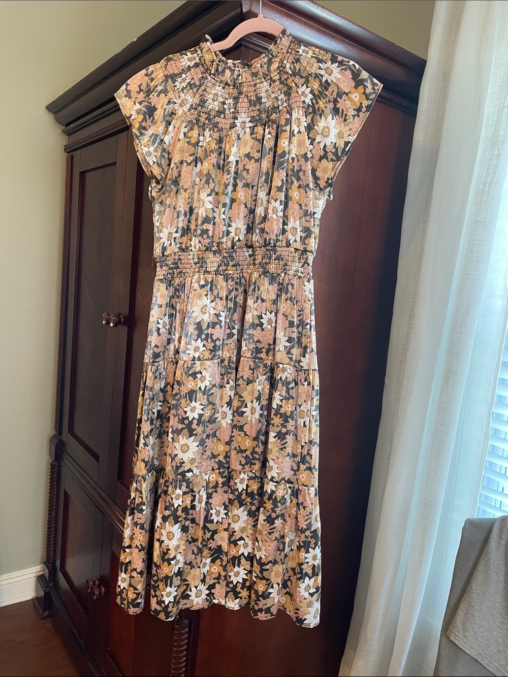 Floral Smocked Waist Midi Dress - Mustard & Black